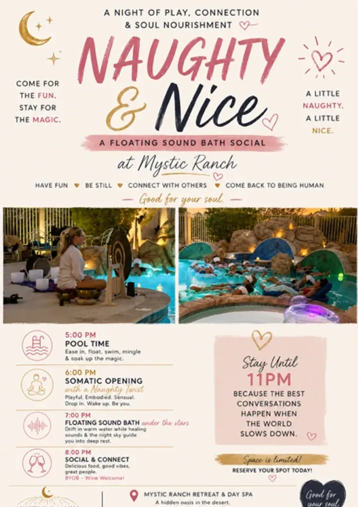 Naughty and Nice floating sound bath and social gathering flyer for Mystic Ranch Phoenix on July 25 and August 29 2026