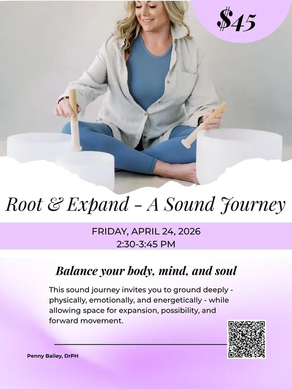 Penny Bailey with gong and singing bowls for sound journey meditation events at Life Time Fitness Scottsdale in April 2026